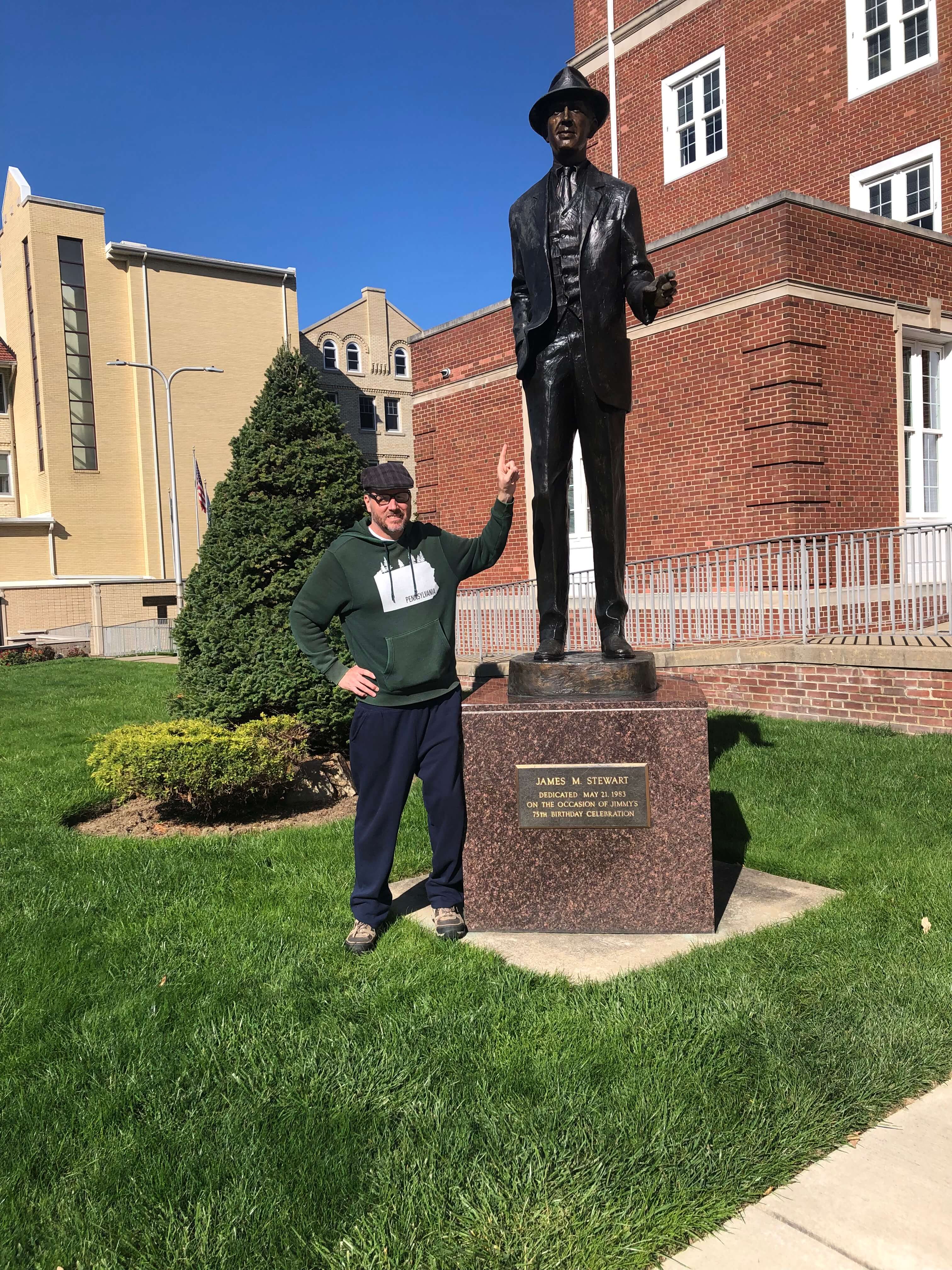 George Karpacs Pointing Up at The Jimmy Stewart Statue in Indiana, PA (2024)